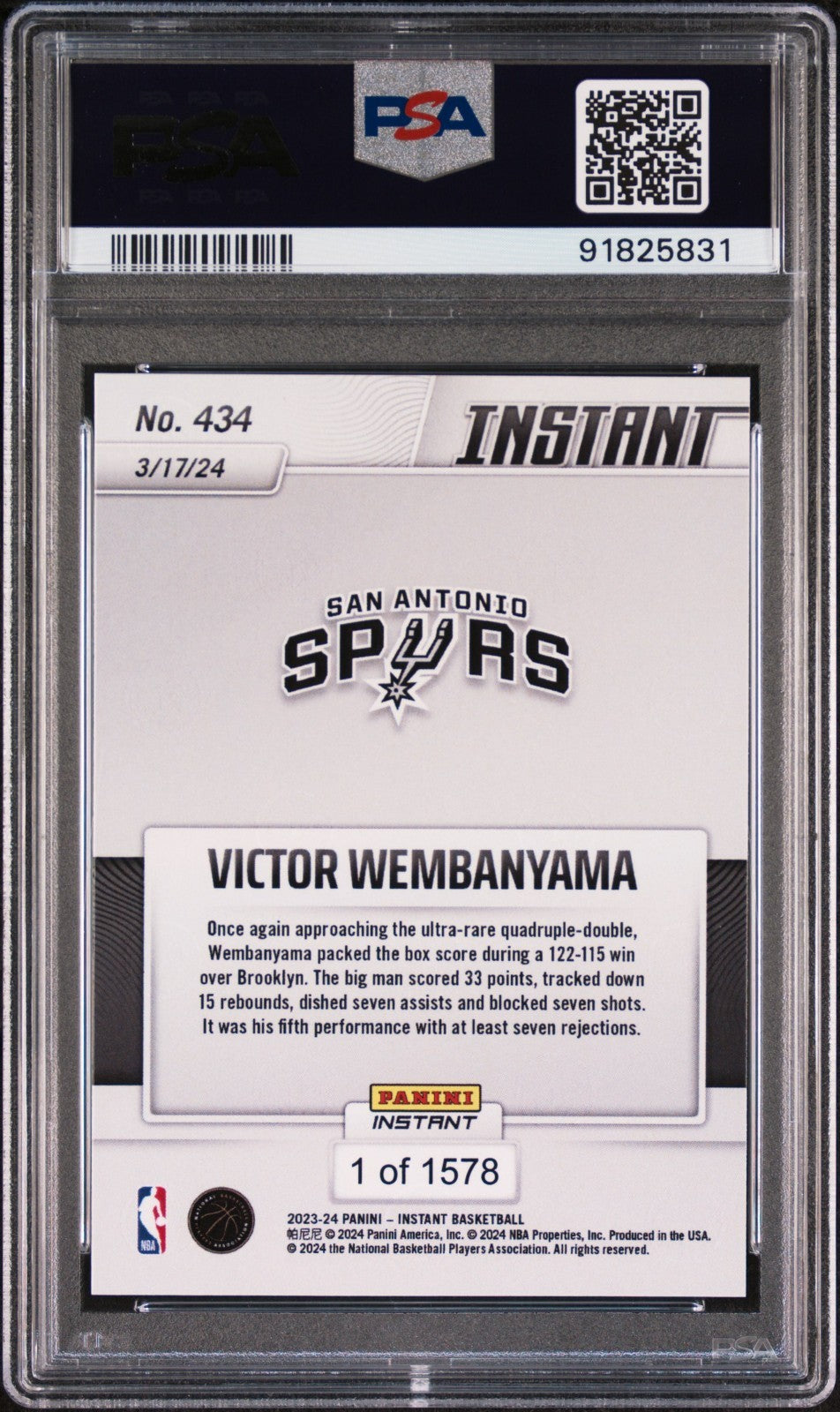 Victor Wembanyama 2023-24 Panini #434 NBA Rookie Card 1 of 1578 PSA 10 Gem Mint