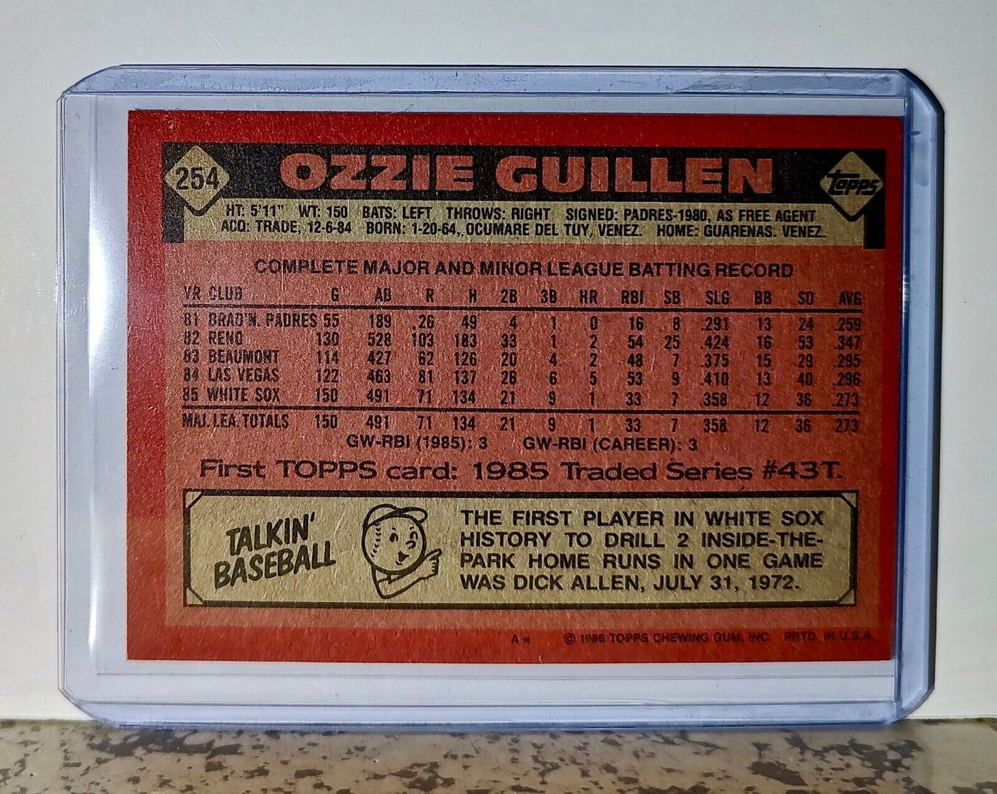 Ozzie Guillen 1986 Topps MLB #254 Baseball Card Chicago White Sox
