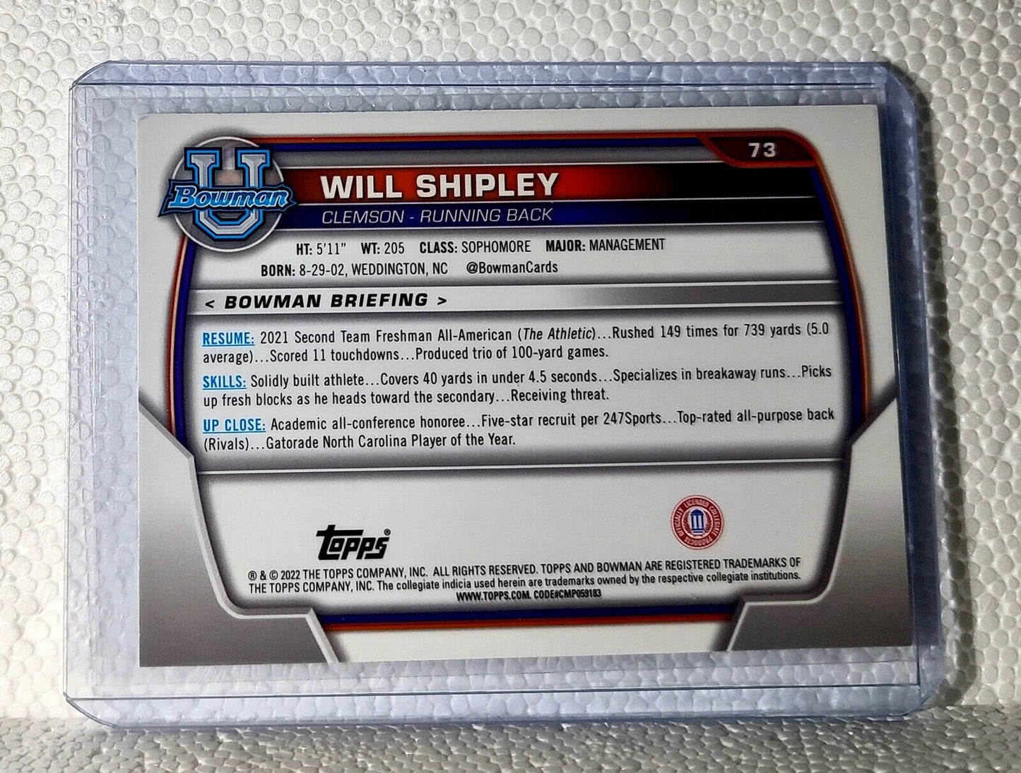 Will Shipley 2022 Topps 1st Bowman U Football #73 Card Clemson