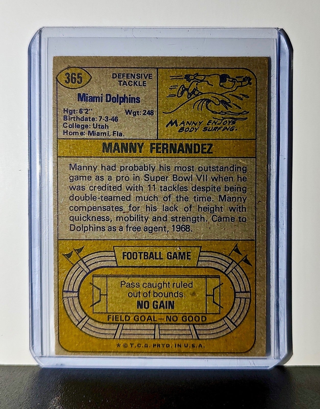 Manny Fernandez 1974 Topps NFL #365 Card Miami Dolphins