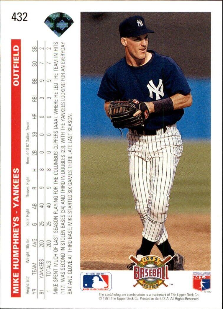 Mike Humphreys 1992 Upper Deck MLB #432 Baseball Card New York Yankees