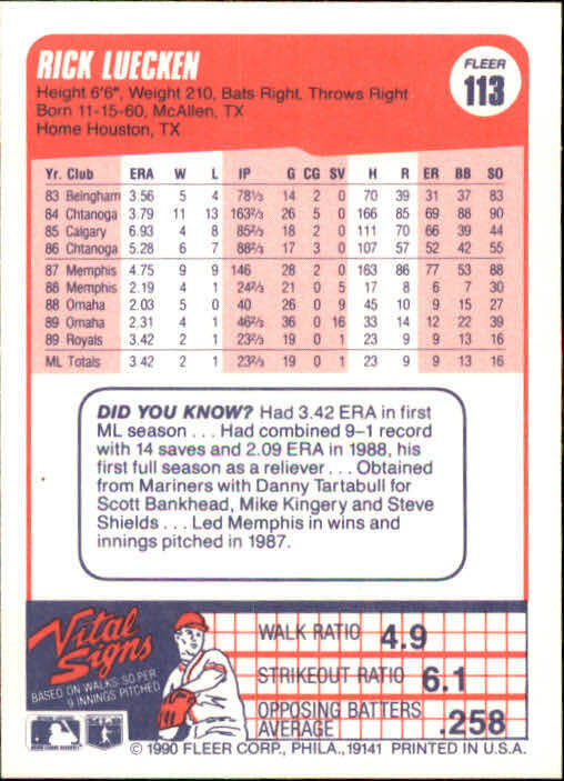 1990 Rick Luecken Fleer Baseball Card #113