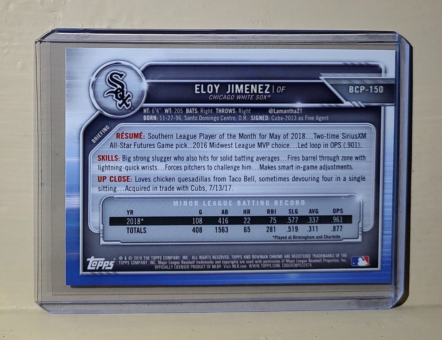 Eloy Jimenez 2019 Topps Bowman Chrome MLB #BCP-150 Rookie Card Chicago White Sox