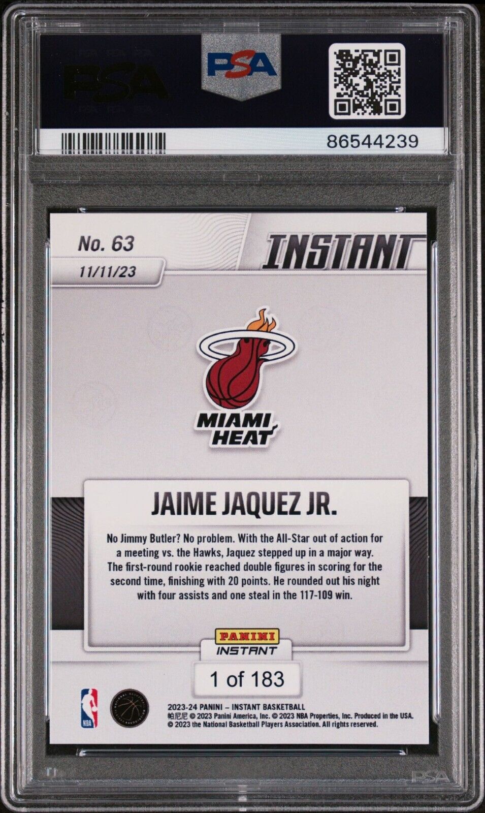 Jaime Jaquez Jr. 2023-24 Panini #63 NBA Rookie Card Heat 1 of 183 PSA 8 NM-Mint