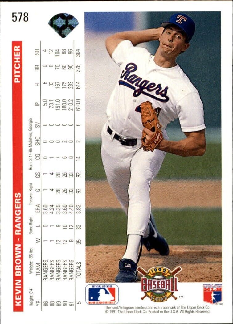 Kevin Brown 1992 Upper Deck MLB #578 Baseball Card Texas Rangers