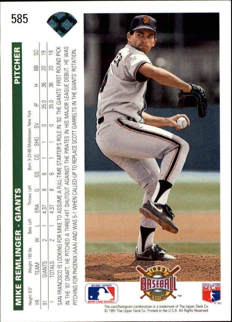 Mike Remlinger 1992 Upper Deck MLB #585 Baseball Card San Francisco Giants