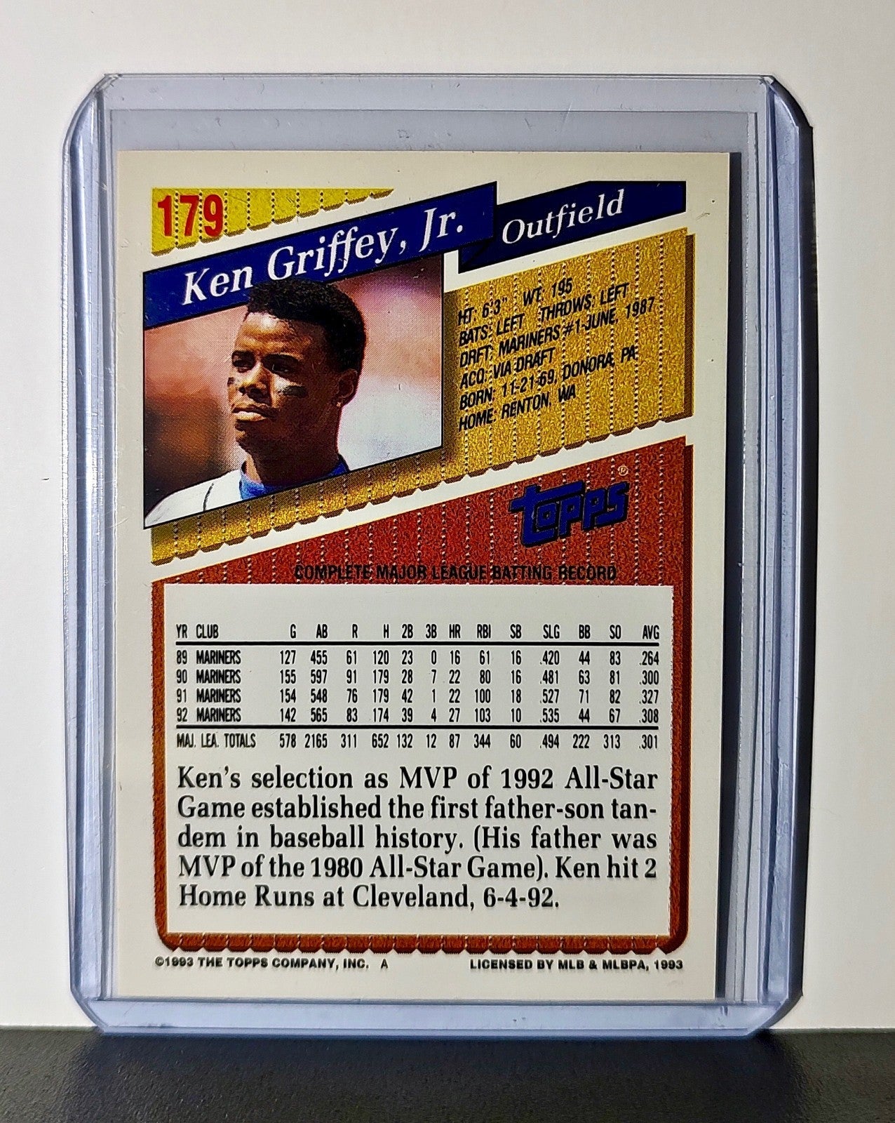 Ken Griffey Jr 1993 Topps Gold MLB #179 Card Seattle Mariners