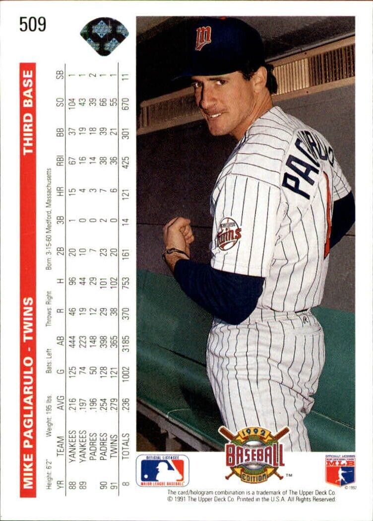 Mike Pagliarulo 1992 Upper Deck MLB #509 Baseball Card Minnesota Twins