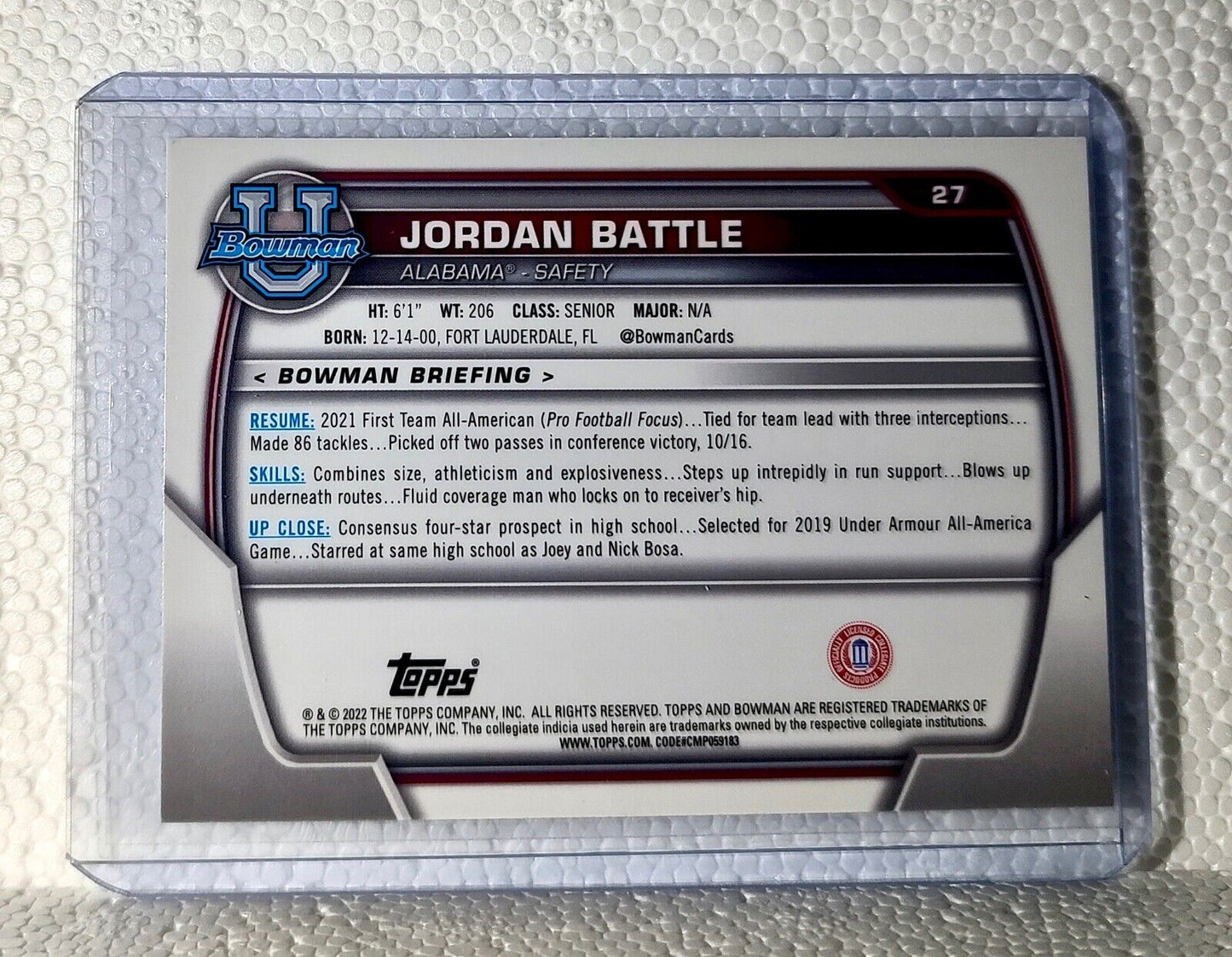 Jordan Battle 2022 Topps Bowman U Football #27 Card Alabama