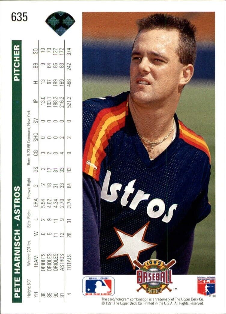 Pete Harnisch 1992 Upper Deck MLB #635 Baseball Card Houston Astros