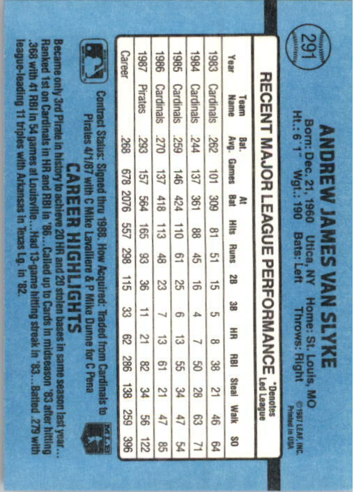 1988 Andy Van Slyke Donruss Baseball Card #291