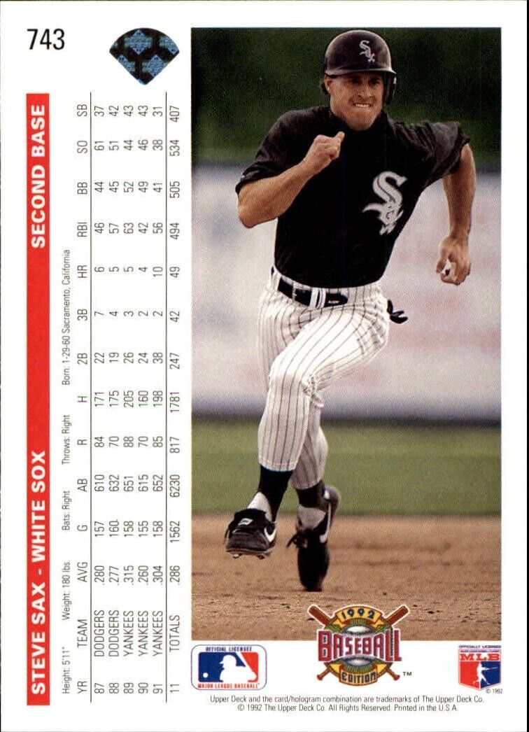 Steve Sax 1992 Upper Deck MLB #743 Baseball Card Chicago White Sox