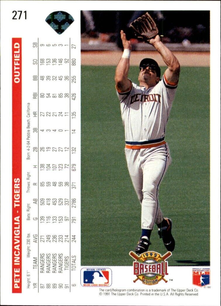 Pete Incaviglia 1992 Upper Deck MLB #271 Baseball Card Detroit Tigers