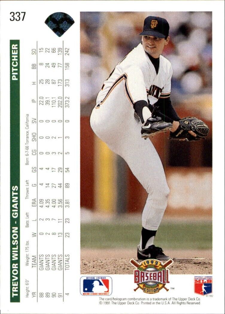 Trevor Wilson 1992 Upper Deck MLB #337 Baseball Card San Francisco Giants