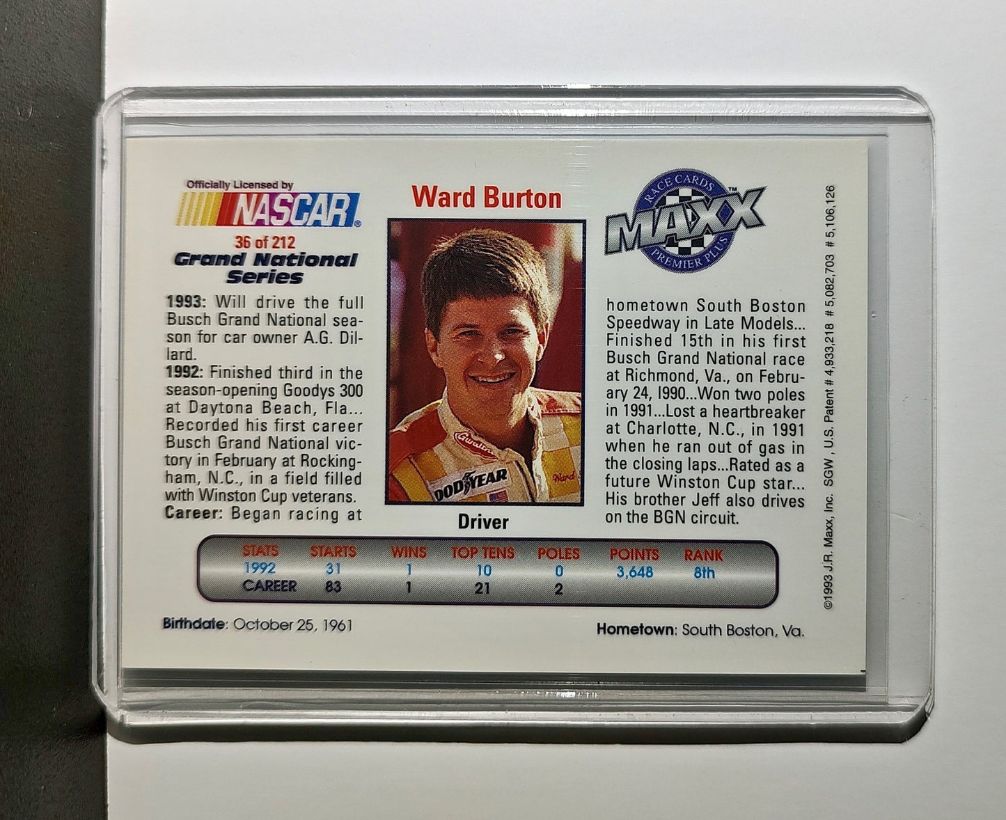 Ward Burton 1993 Maxx Premier Plus Racing #36 NASCAR Card A.G. Dillard Racing