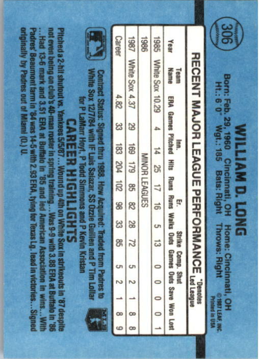 1988 Bill Long Donruss Baseball Card #306