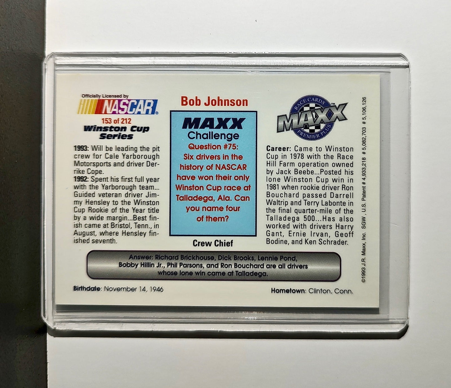 Bob Johnson 1993 Maxx Premier Plus Racing #153 NASCAR Card Cale Yarborough