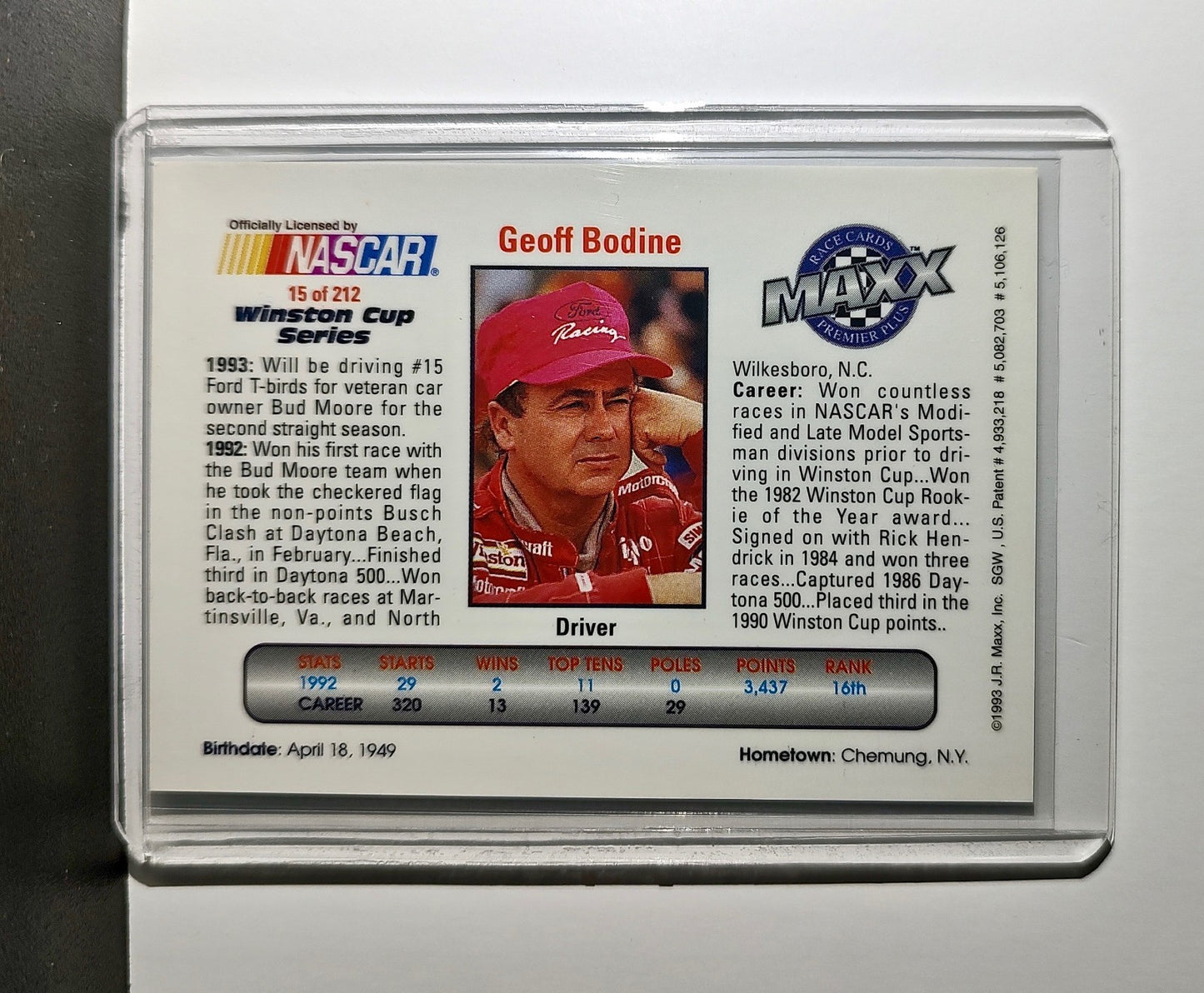 Geoff Bodine 1993 Maxx Premier Plus Racing #15 NASCAR Card Bud Moore Engineering