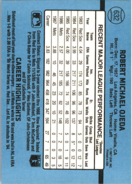 1988 Bob Ojeda Donruss Baseball Card #632