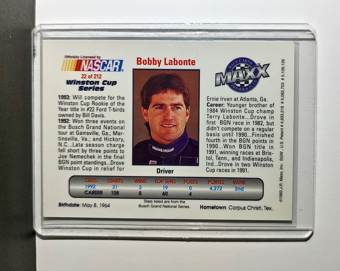 Bobby Labonte 1993 Maxx Premier Plus Racing #22 NASCAR Card Bill Davis Racing