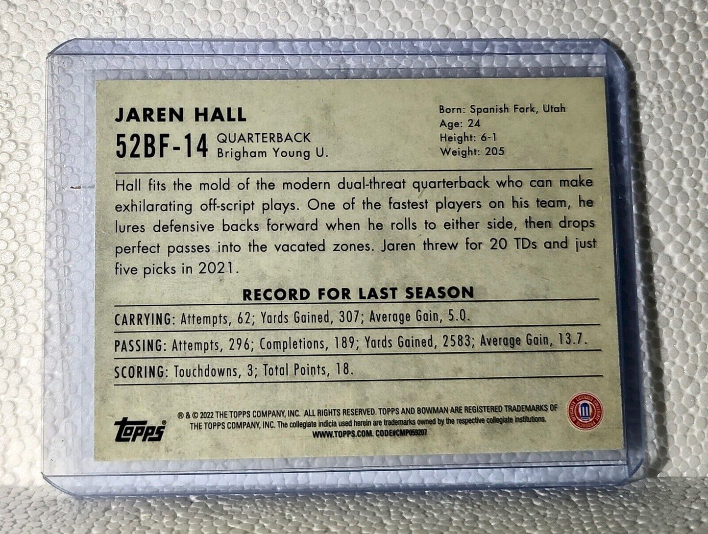 Jaren Hall 2022 Topps Bowman U 1952 Football #52BF-14 Card BYU