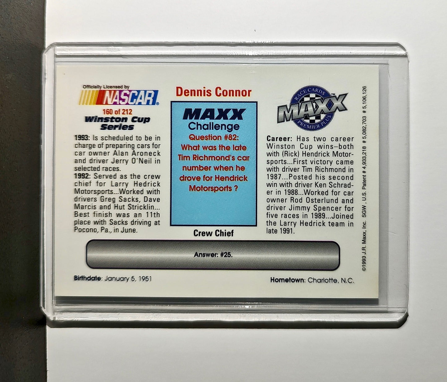 Dennis Connor 1993 Maxx Premier Plus Racing #160 NASCAR Card Aroneck Racing