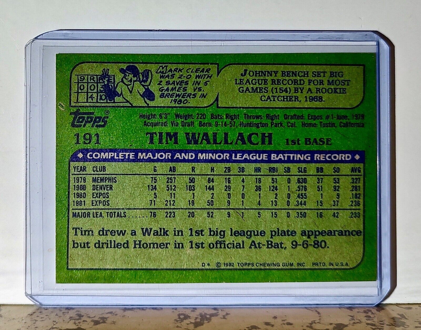 Tim Wallach 1982 Topps MLB #191 Baseball Card Montreal Expos