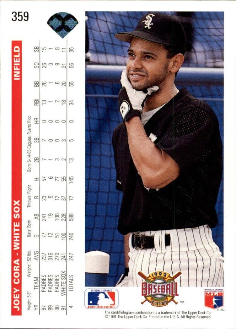 Joey Cora 1992 Upper Deck MLB #359 Baseball Card Chicago White Sox