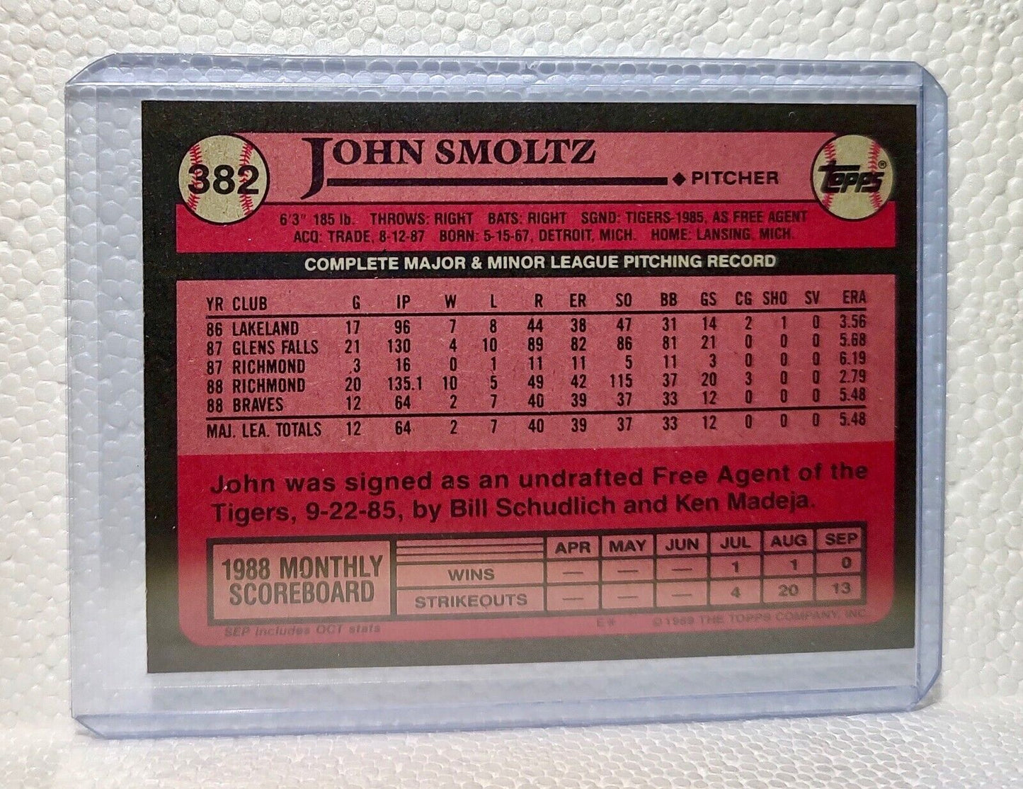 John Smoltz 1989 Topps MLB #382 Baseball Card Atlanta Braves