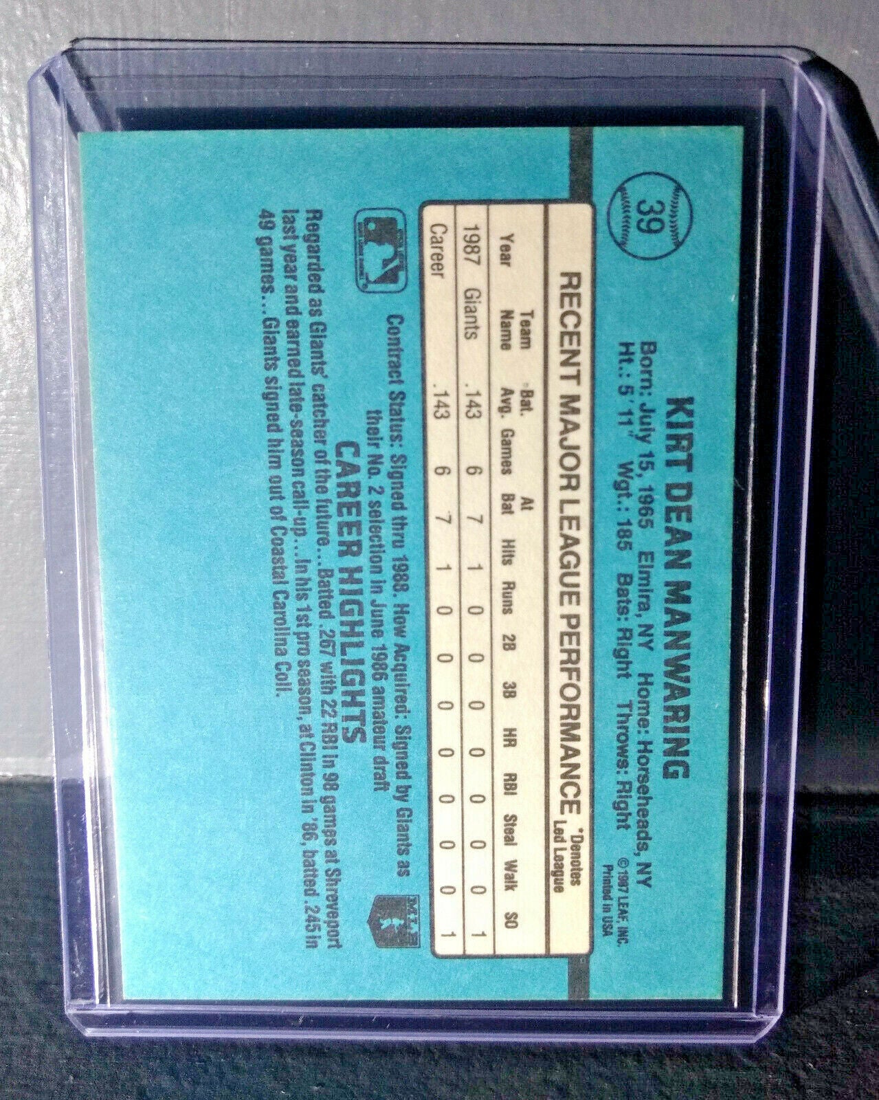 1988 Kirt Manwaring Donruss Rated Rookie #39 Baseball Card