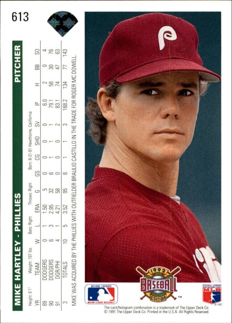 Mike Hartley 1992 Upper Deck MLB #613 Baseball Card Philadelphia Phillies