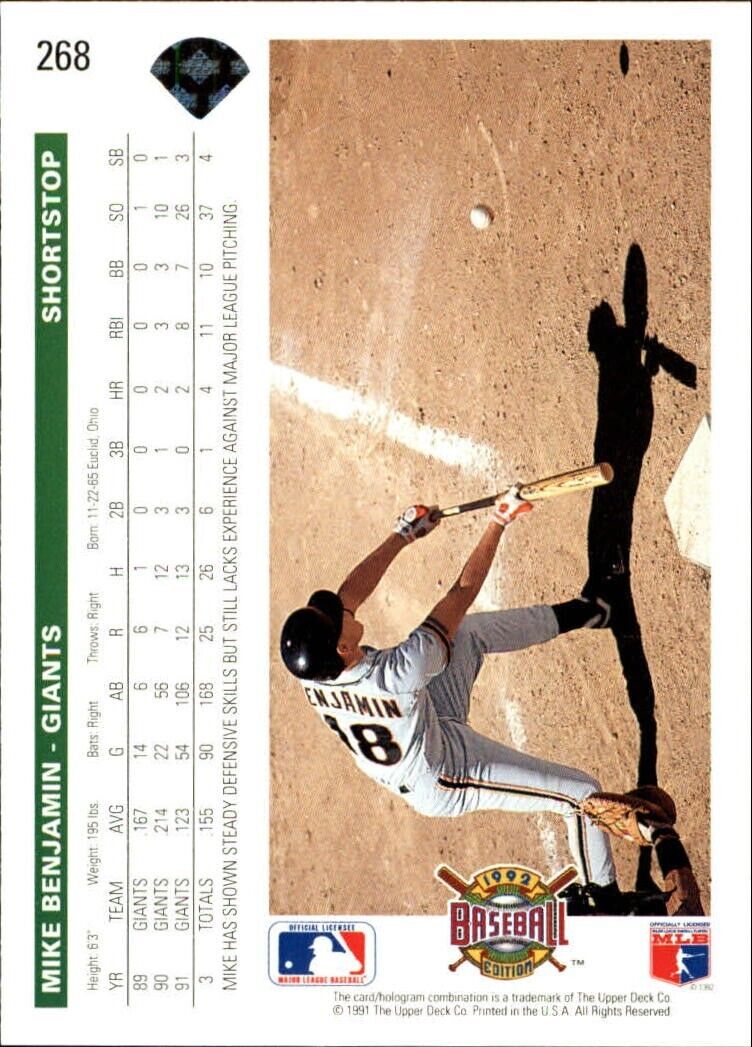 Mike Benjamin 1992 Upper Deck MLB #268 Baseball Card San Francisco Giants