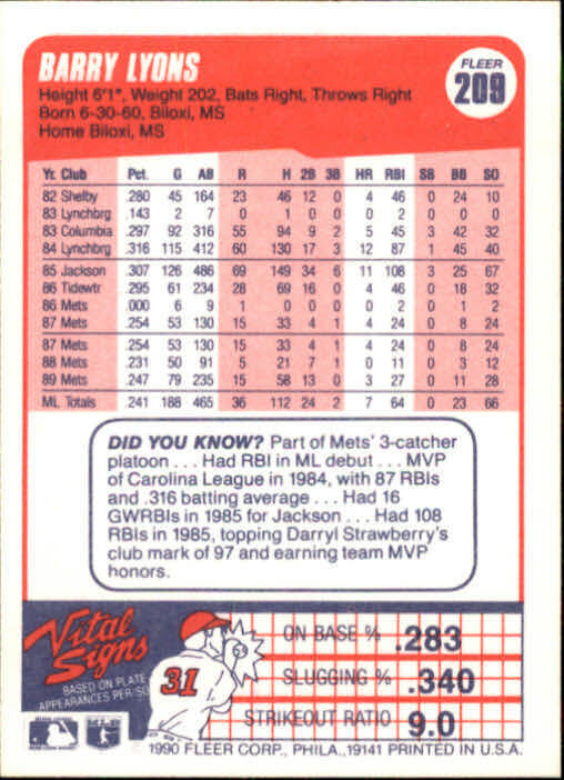 1990 Barry Lyons Fleer Baseball Card #209