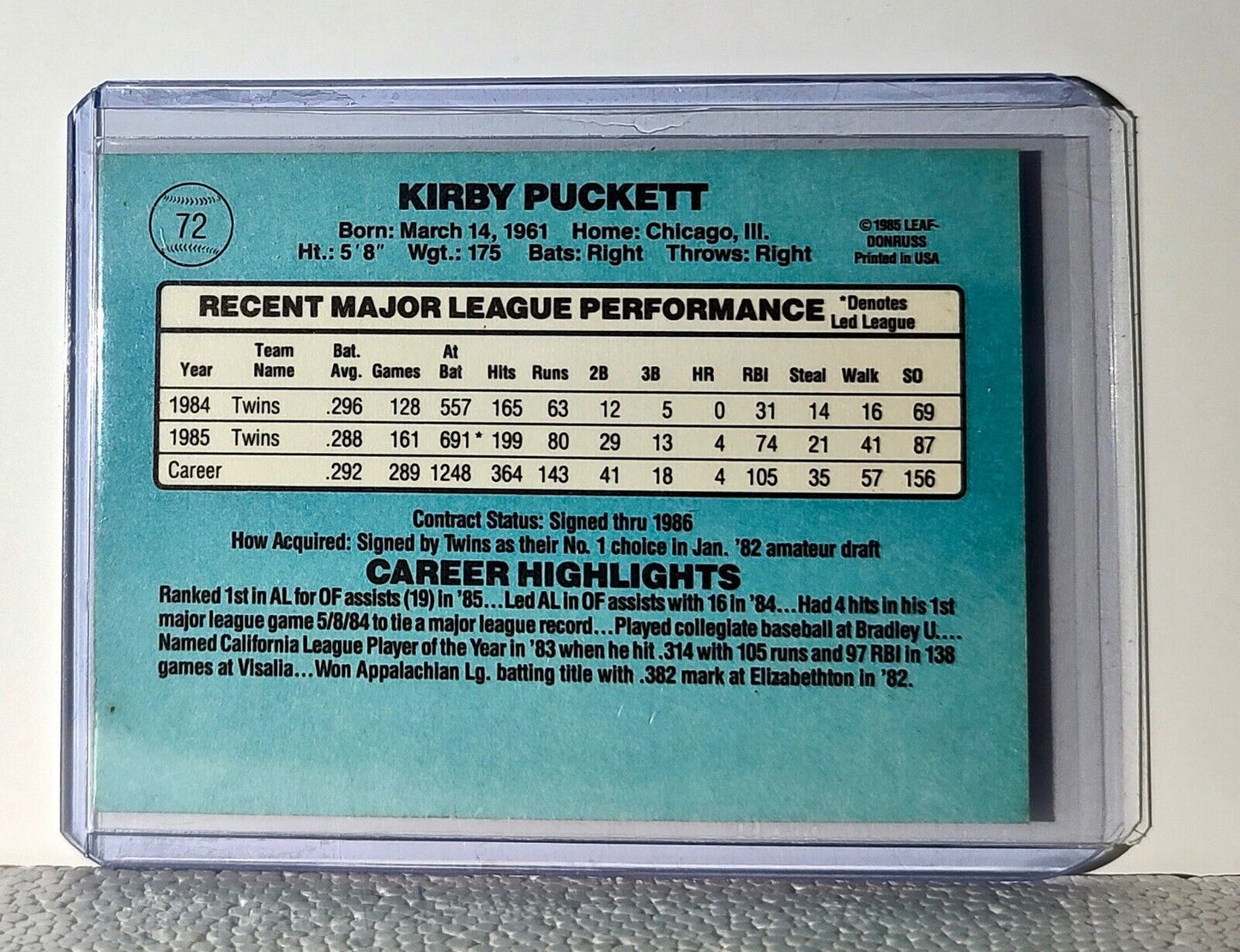 Kirby Puckett 1986 Donruss MLB #72 Baseball Card Minnesota Twins