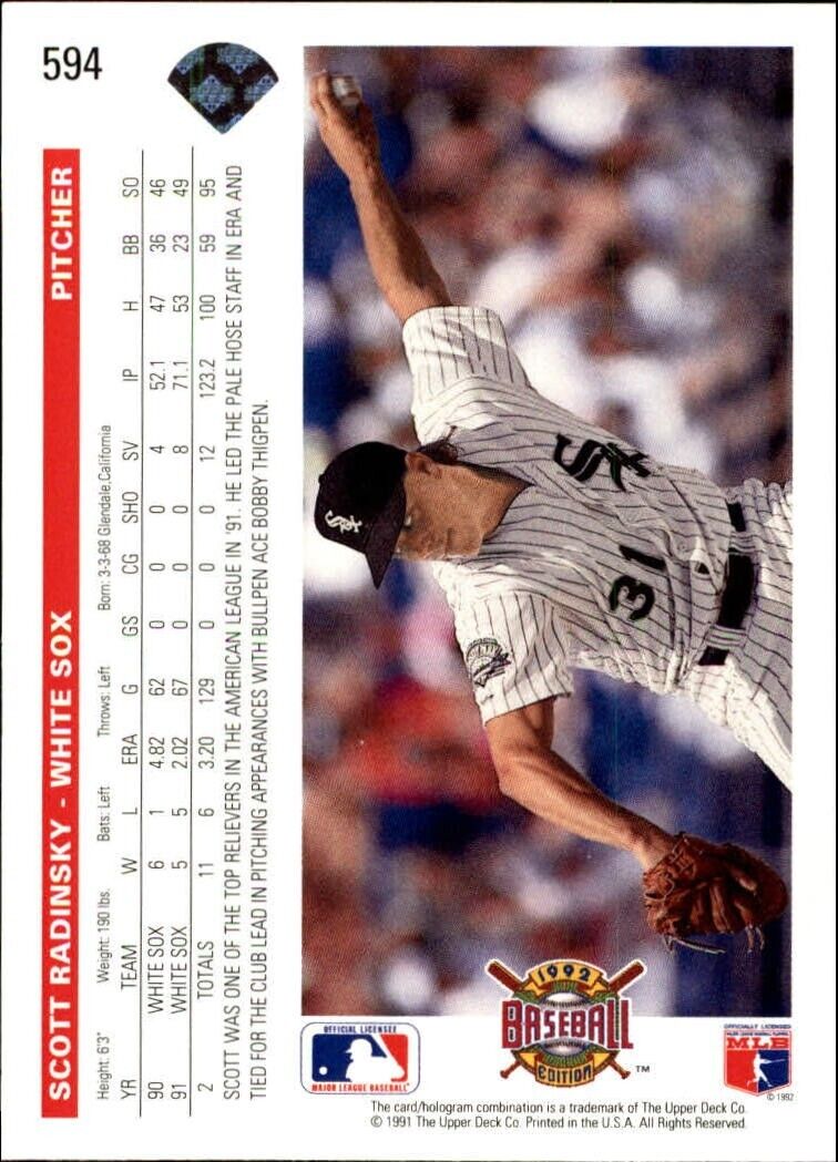 Scott Radinsky 1992 Upper Deck MLB #594 Baseball Card Chicago White Sox