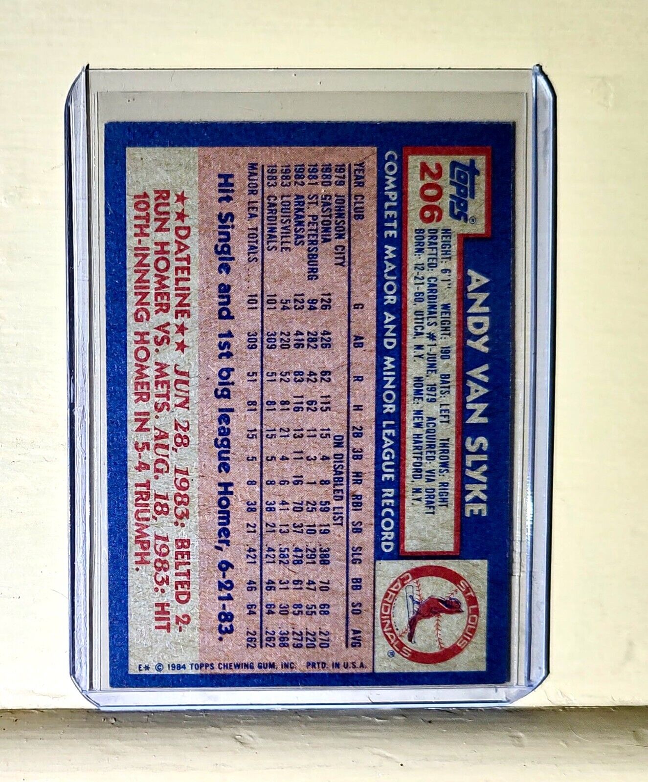 1984 Andy Van Slyke Topps Baseball Card #206 Cardinals