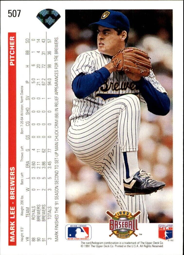 Mark Lee 1992 Upper Deck MLB #507 Baseball Card Milwaukee Brewers