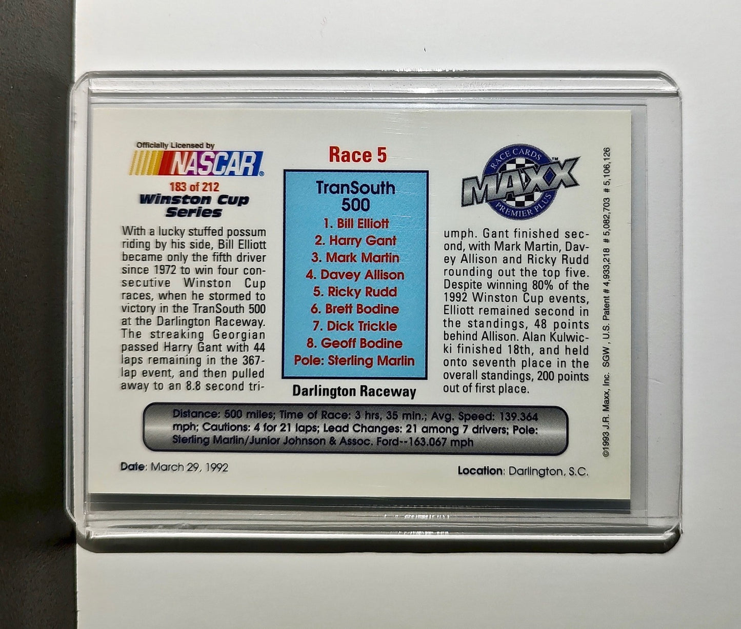 Race 5 Darlington YR 1993 Maxx Premier Plus Racing #183 NASCAR Junior Johnson