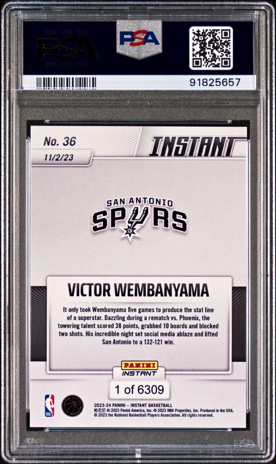 Victor Wembanyama 2023-24 Panini #36 NBA Rookie Card Spurs 1 of 6309 PSA 9 Mint