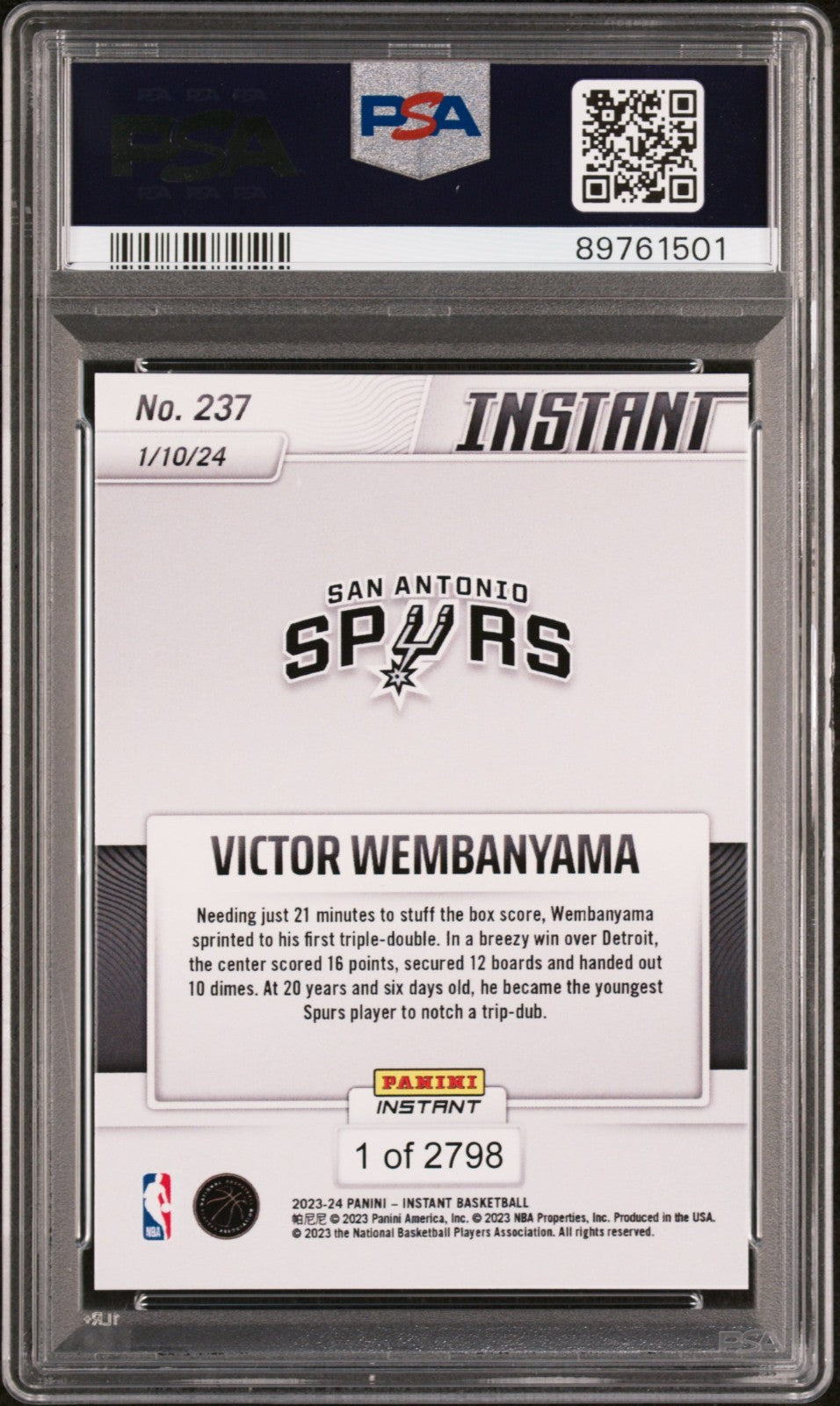 Victor Wembanyama 2023-24 Panini #237 NBA Milestone Rookie Card 1 of 2798 PSA 10