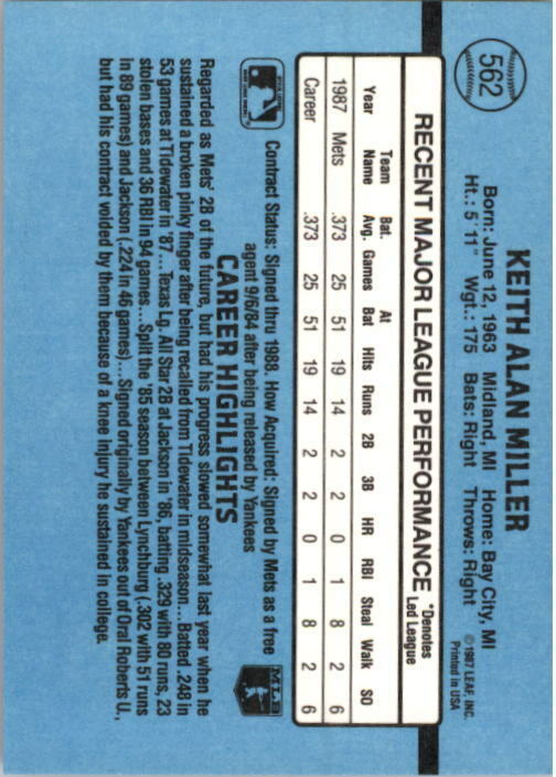 1988 Keith Miller Donruss Baseball Card #562