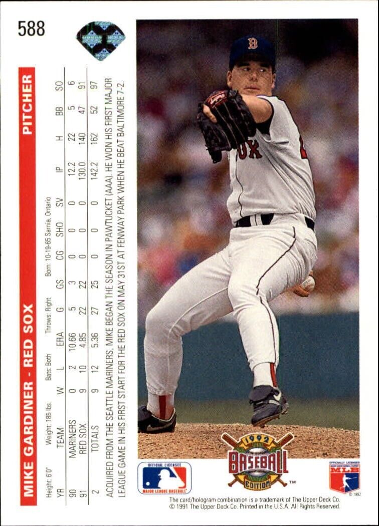 Mike Gardiner 1992 Upper Deck MLB #588 Baseball Card Boston Red Sox