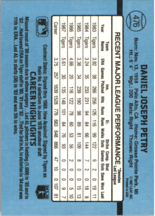 1988 Dan Petry Donruss Baseball Card #476