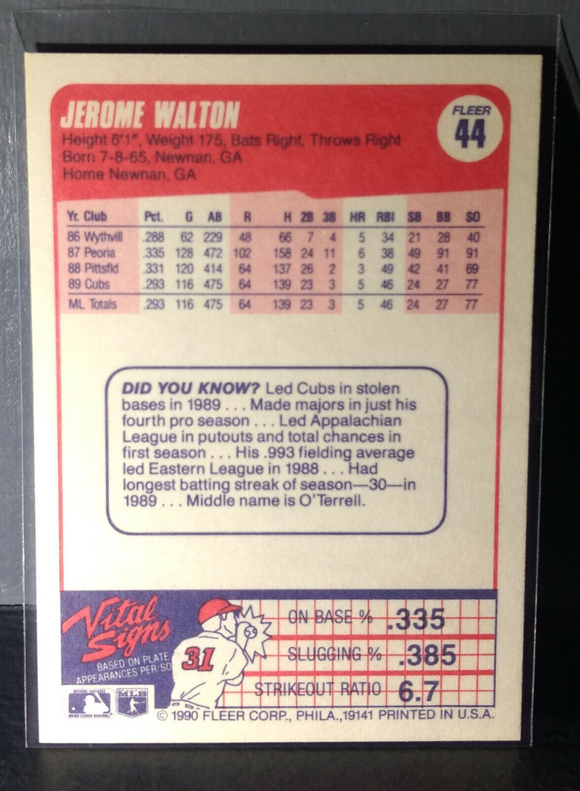 1990 Jerome Walton Fleer Baseball Card #44