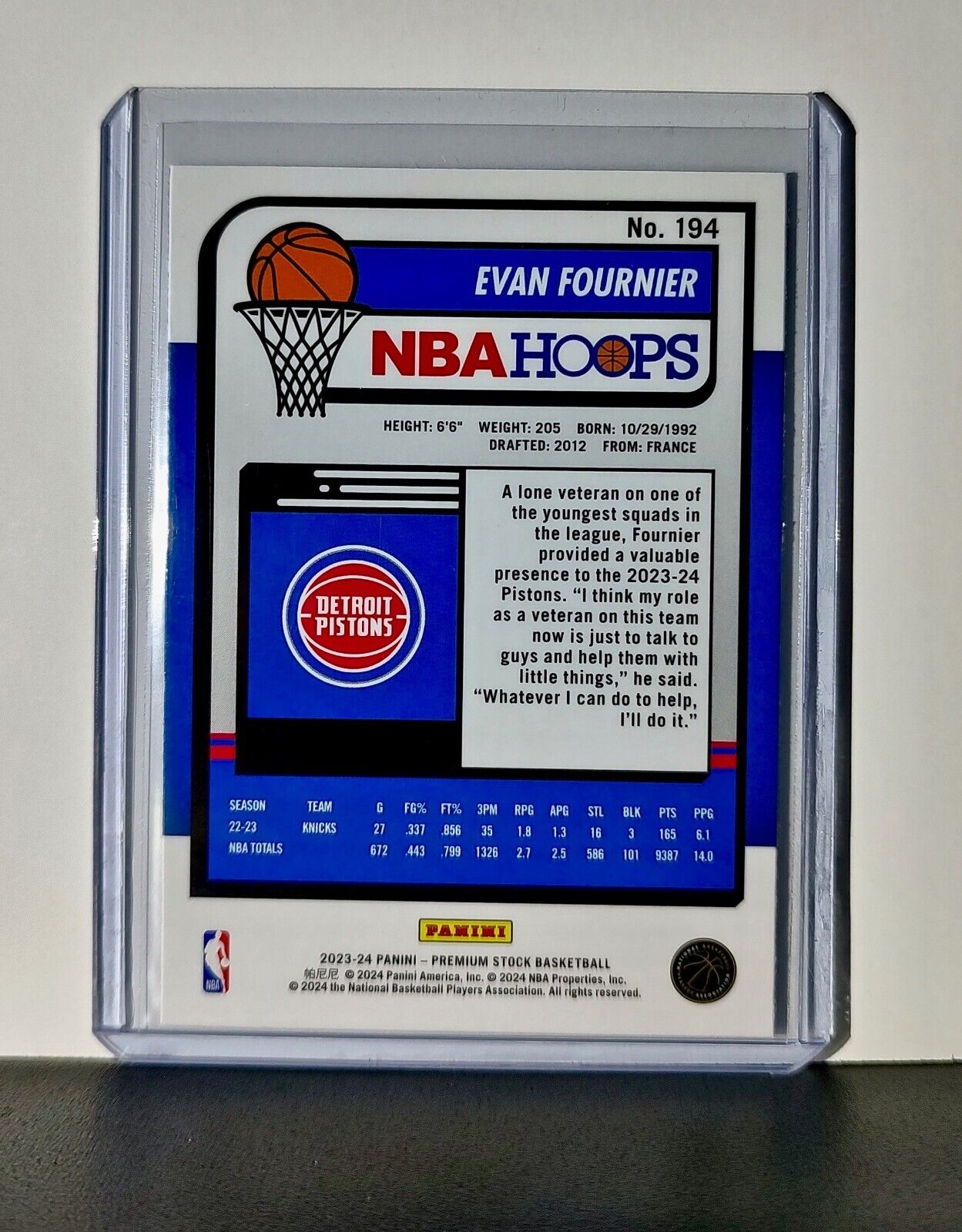Evan Fournier 2023-24 Panini Premium Stock NBA Hoops #194 Card Detroit Pistons