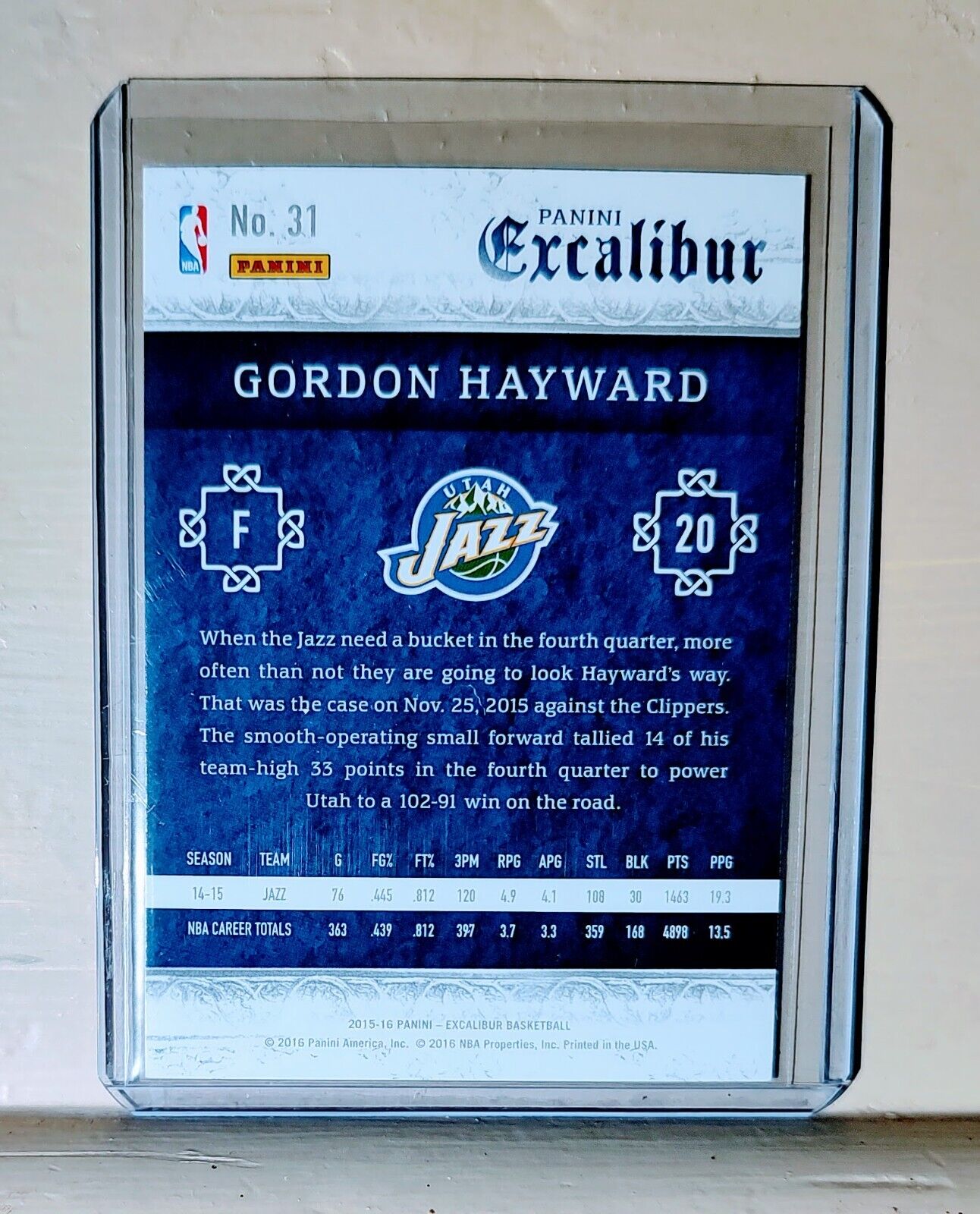 Gordon Hayward 2015-16 Panini Excalibur Basketball NBA #31 Card