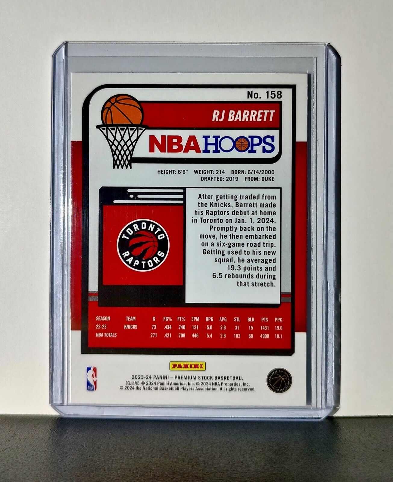 RJ Barrett 2023-24 Panini Premium Stock NBA Hoops #158 Card Toronto Raptors
