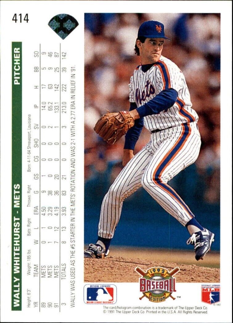 Wally Whitehurst 1992 Upper Deck MLB #414 Baseball Card New York Mets
