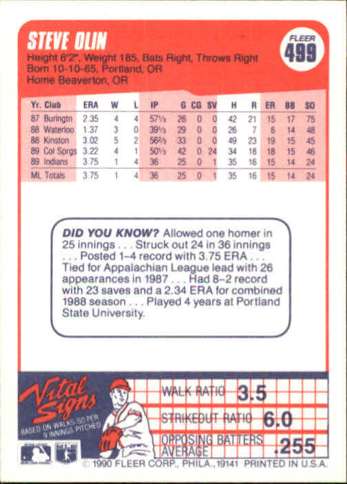 1990 Steve Olin Fleer Baseball Card #499