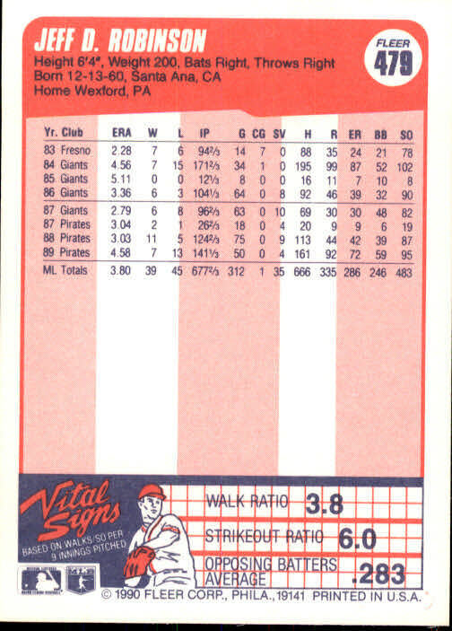 1990 Jeff D. Robinson Fleer Baseball Card #479